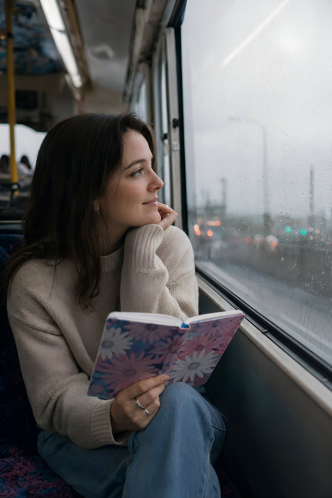 rain on the bus window, pen paused